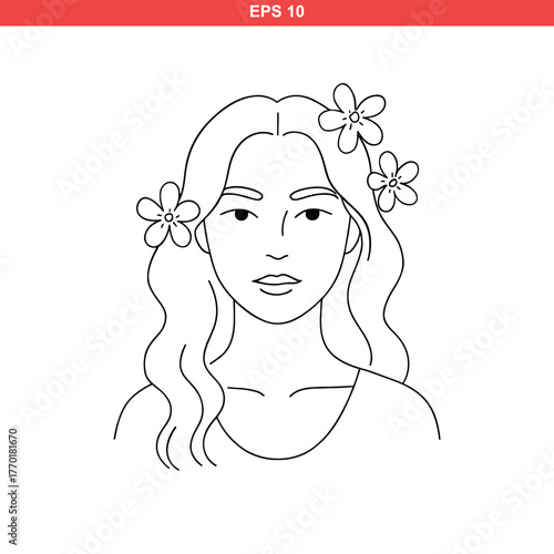Elegant line art of a woman with flowers in her hair