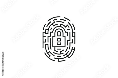Biometric Fingerprint Security Black Outline Padlock Maze Design on White Background