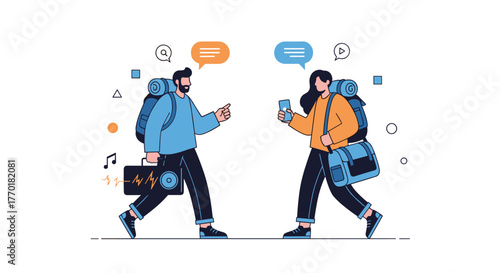 Modern man and woman backpackers engage in lively conversation, sharing music and digital content on their exciting journey.