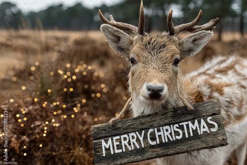 Winter forest deer holding ...