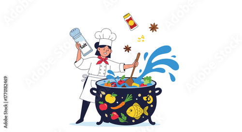 A happy female chef adds salt and spices to a big pot brimming with fresh ingredients, representing the art of cooking.