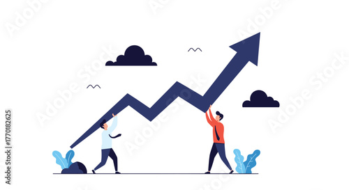 Two businessmen collaborate to elevate an upward trend arrow, representing shared effort in achieving business growth and success.