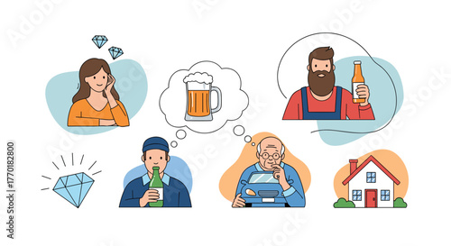 Illustrative scene of different individuals contemplating common desires such as diamonds, beer, a car, and a house.