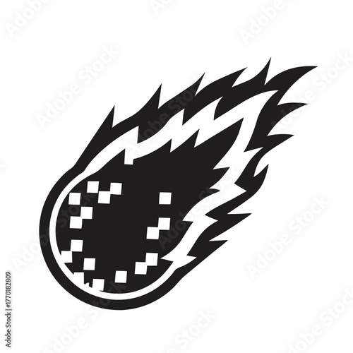 Black Meteor Art with Flame Trail and White Pixel Detail on White Background