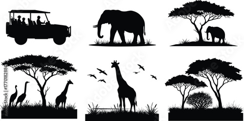 African safari silhouette, wildlife animals under trees, elephant and giraffe illustration, nature landscape, safari jeep tour scene