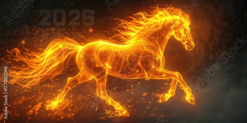 Fiery horse galloping through darkness with year 2028