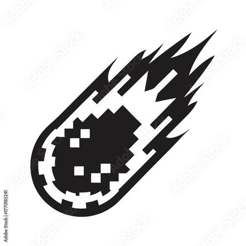 Black Pixelated Meteor with Fiery Tail on White Background