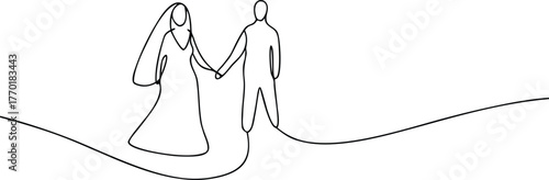 Continuous line drawing of bride and groom holding hands