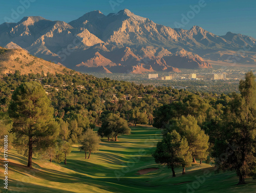 A golf course with the Las ...
