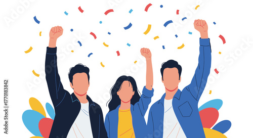 Diverse group of individuals celebrating achievement and success with raised fists and colorful confetti falling around them.