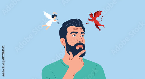 A bearded man contemplates a moral dilemma, with an angel and devil on his shoulders symbolizing good and evil influences.