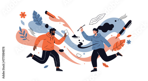 Creative collaboration illustration with a man and a woman engaging in dynamic exchange, surrounded by writing tools and artistic flow.
