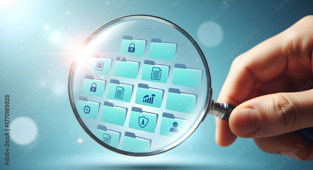 custom made wallpaper toronto digitalmagnifying glass examining digital thumbnails — Search, Analysis & Content Review Concept