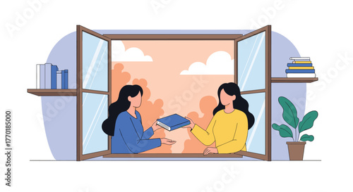 Two women are exchanging a book through an open window, fostering community and sharing knowledge between neighbors with bookshelves and plants inside.