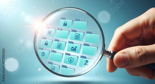 magnifying glass examining digital thumbnails — Search, Analysis & Content Review Concept