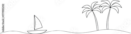 Simple line drawing of a sailboat and palm trees on a white background