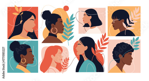 Stylized side profile portraits of diverse women from different backgrounds, highlighting individuality and connection through nature.