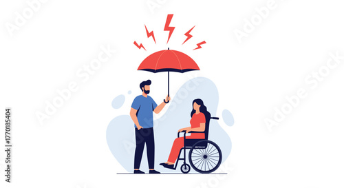Caring man with an umbrella protects a disabled woman in a wheelchair from overwhelming stress and adverse circumstances.