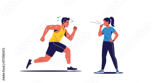 A sweaty male runner pushes himself during a fitness training session, encouraged by a female coach with a whistle.