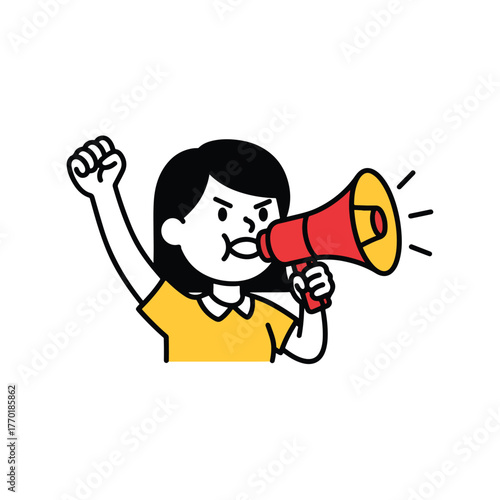 angry woman holding megaphone, protest or announcement vector illustration, for social media, banner or presentation