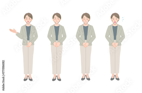 丁寧な動作をするビジネスウーマンのイラストセット（全身）