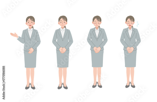 丁寧な動作をするビジネスウーマンのイラストセット（全身）