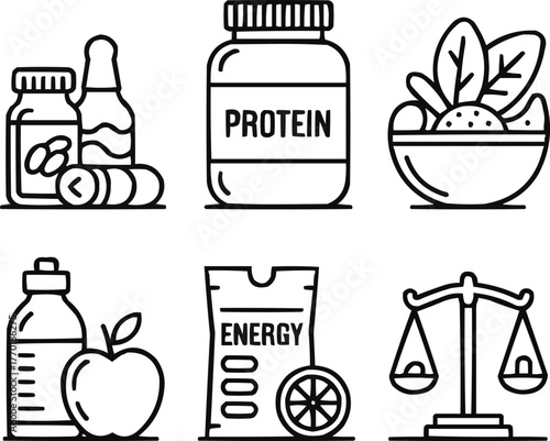 Healthy Nutrition and Organic Food Line Icons Balanced Diet and Supplement Vector Collection