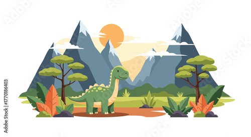 A cute cartoon green dinosaur stands in a prehistoric landscape with mountains, trees, and a setting or rising sun.