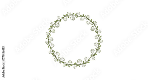 Simple and elegant hand-drawn floral wreath with green leaves and delicate spirals on a clean white background.