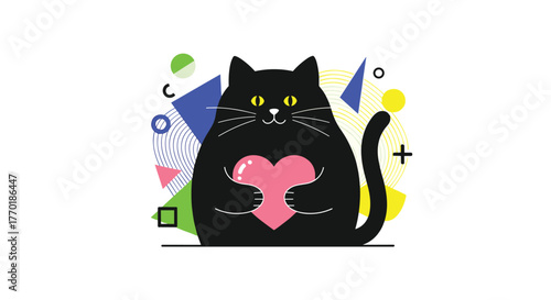A cute black cat sits cheerfully, holding a bright pink heart, surrounded by a lively arrangement of colorful geometric shapes and abstract elements.