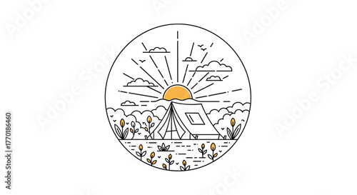 Minimalist line art illustration of a tranquil camping scene at sunrise, featuring a tent, radiating sun, clouds, and natural foliage.