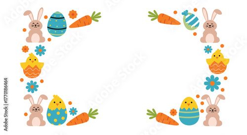 Whimsical Easter border design featuring adorable bunnies, festive eggs, cute chicks, and fresh carrots on a clean white background.