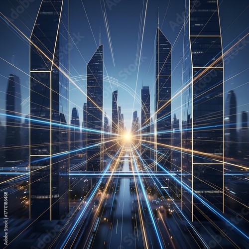 Wallpaper Mural Futuristic city skyline with glowing light trails and digital connections Torontodigital.ca