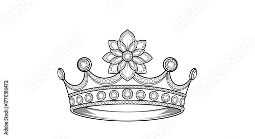 Monochrome line art drawing depicting an elaborate royal crown, embellished with various gems and a central flower motif.