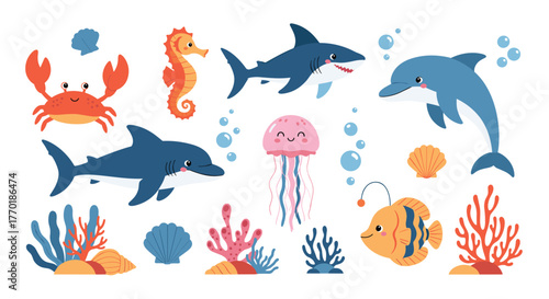 A cute collection of cartoon ocean animals including a shark, dolphin, crab, seahorse, jellyfish, anglerfish, and colorful corals.