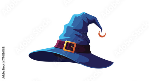 A whimsical blue witch hat with a golden buckle and a crescent moon charm, depicted in a cartoon illustration style, ready for magic.