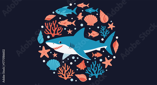 Cartoon illustration of an ocean scene with a majestic blue shark surrounded by diverse marine life, including fish, coral, and shells.