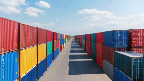 Colorful Shipping Containers Stacked Neatly in a Freight Yard Under Blue Sky with White Clouds 4k video footage