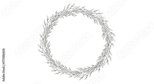 An elegant, hand-drawn botanical wreath illustration featuring delicate leaves and branches forming a perfect circular frame, ideal for wedding invitations or decorative design.