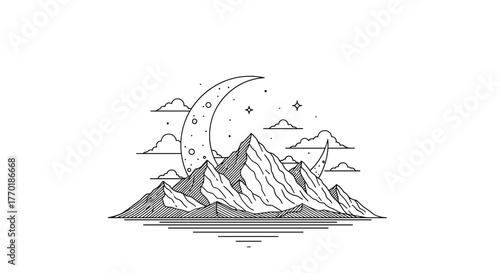 Monochromatic line art illustration of a serene mountain landscape at night, featuring a crescent moon, stars, clouds, and calm water reflections.