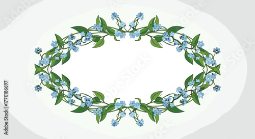 An elegant oval floral frame featuring delicate blue forget-me-not flowers and lush green leaves, ideal for invitations or romantic designs.
