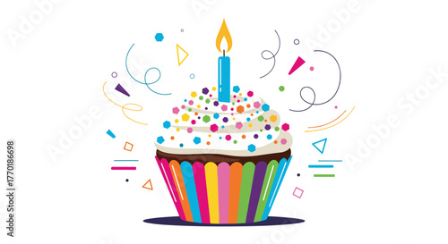 A cheerful and colorful birthday cupcake with a lit candle, vibrant sprinkles, and abstract confetti, symbolizing celebration and joy.