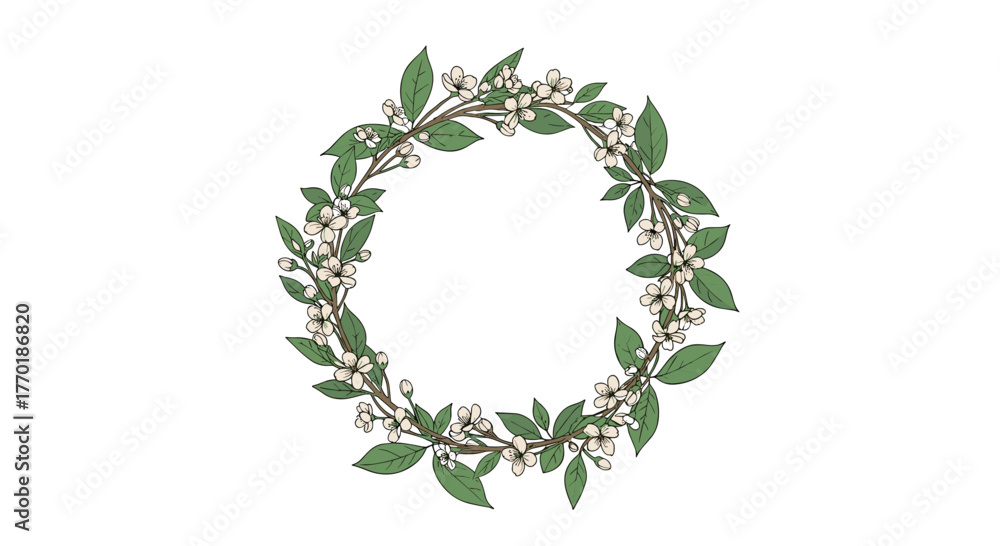 Obraz premium A beautiful circular wreath made of flowering branches with green leaves and small white blossoms, perfect for spring and nature-themed designs.