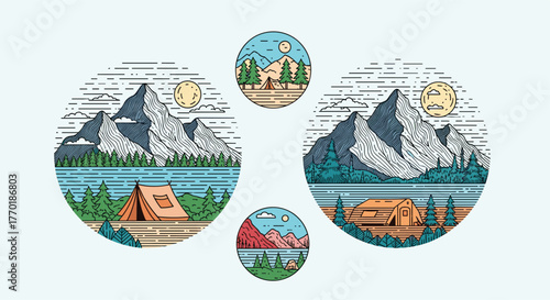 Set of line art illustrations depicting mountain and lake landscapes with camping tents, capturing the essence of outdoor adventure.