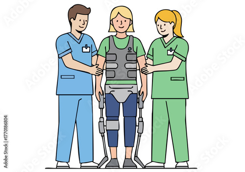 Healthcare team supports a patient using a prosthetic leg.  A collaborative and supportive scene with nurses and a patient. Clean, modern illustration.