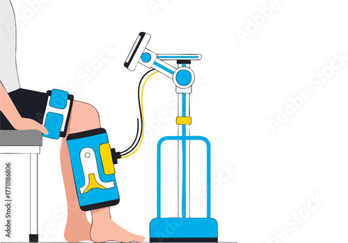 Illustration depicts Active Leg Flow therapy robotic device assists a seated patient-s leg movement Clean modern design with blue and white color scheme Focus on medical technology and rehabilitation