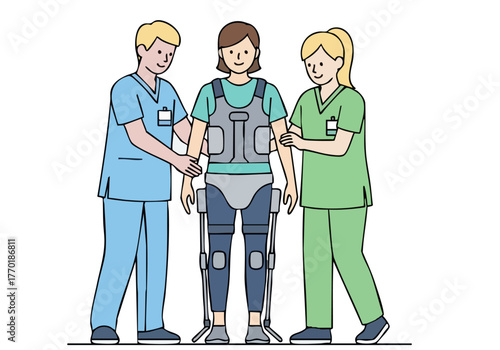 Healthcare team supports a patient wearing a robotic exoskeleton. A nurse assists, while another observes. Clean, modern illustration.