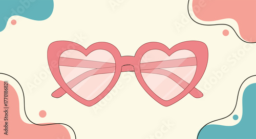 Stylish pink heart-shaped sunglasses are centered on a pastel yellow background, featuring abstract organic shapes in soft pink and teal, accented by small dots.