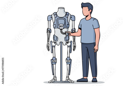 A man examines a robotic exoskeleton, highlighting the future of technology and human-machine interaction. Modern, illustrative style.