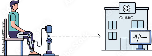 A man participates in remote physical therapy using a robotic device, connected to a clinic screen. Illustrative, modern design. Focus on telehealth and rehabilitation.